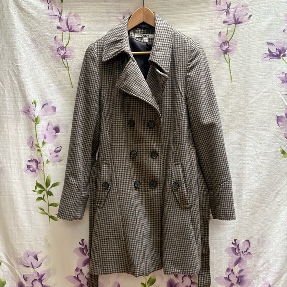 Dkny Jackets & Blazers - DKNY Brown Checkered Button Pea Coat Tie Waist Petite